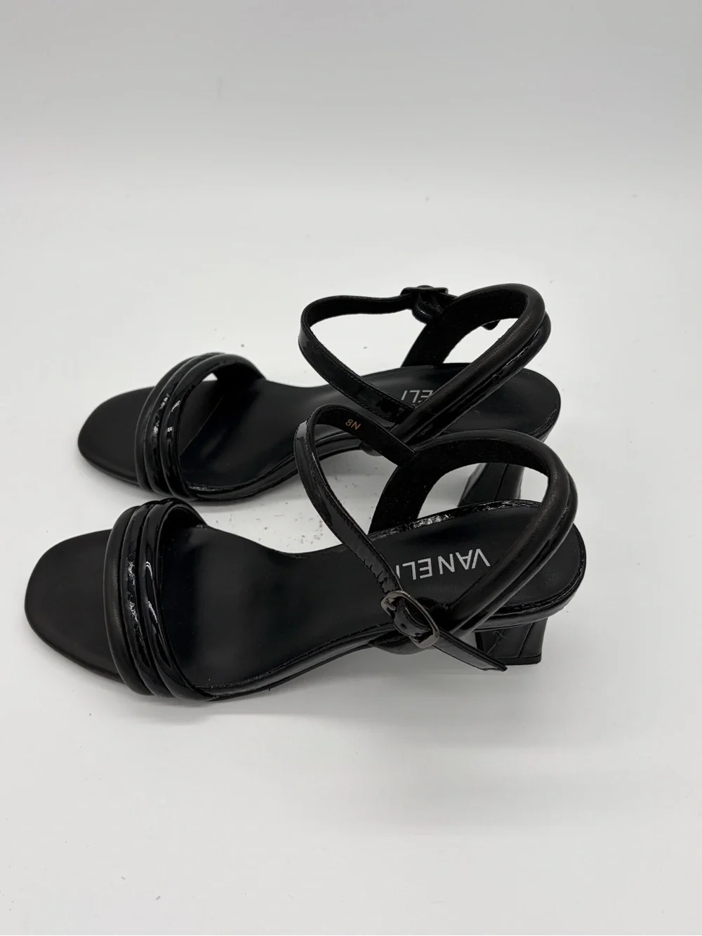 Vaneli Black Twisted Strap Mid-Heel Sandals